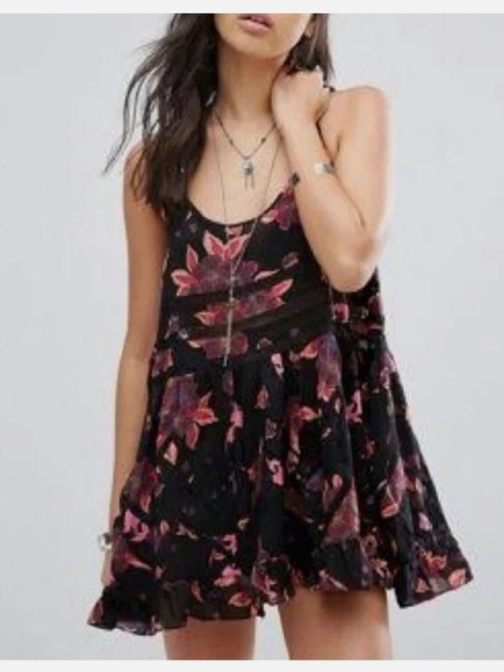 Free People ONYX Combo Floral Printed Voile and Lace Tunic Slip dress NWT size S
